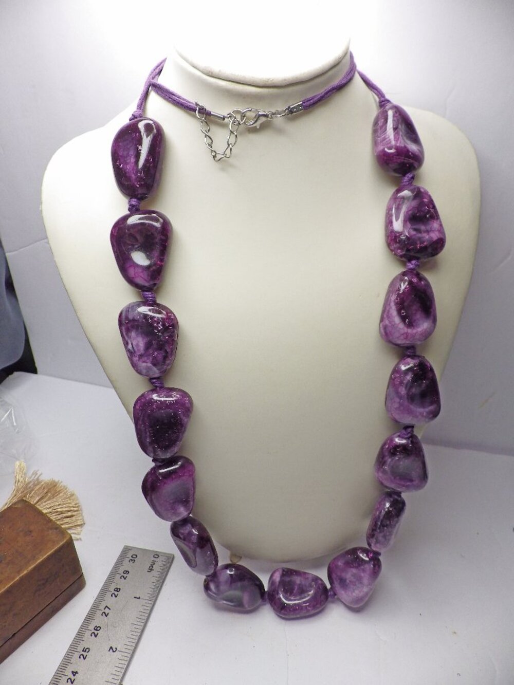 Purple Plastic Beaded Statement Necklace Length 33" 907G2